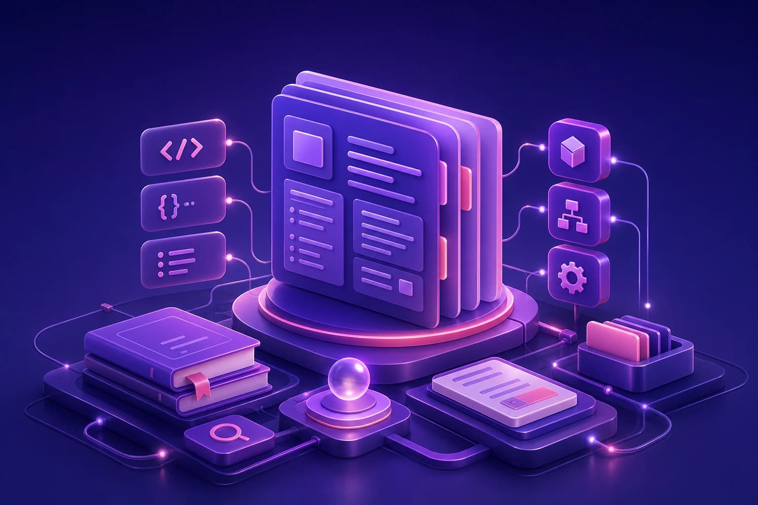 Abstract developer documentation illustration with layered reference panels and organized knowledge blocks