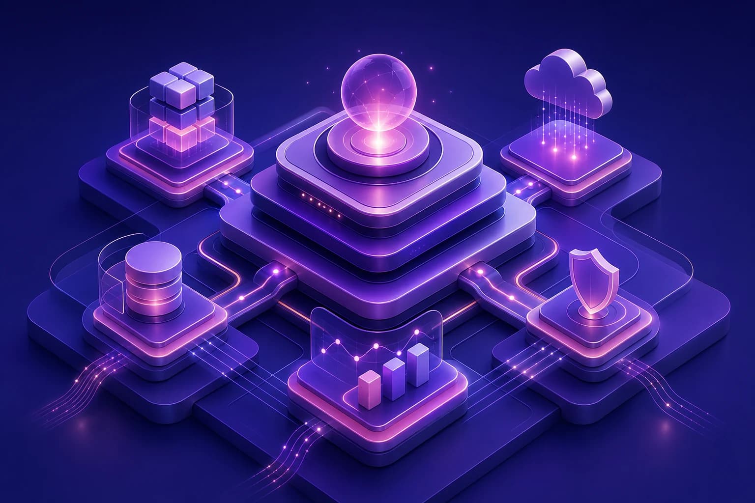 Abstract platform illustration with stacked system layers and connected moderation modules