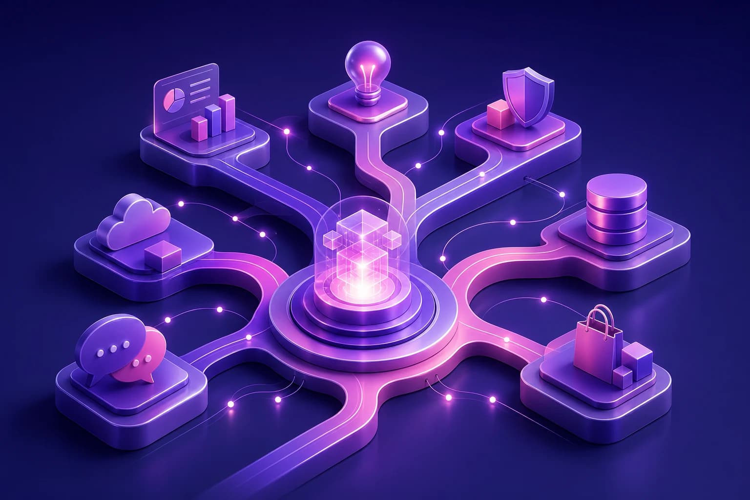 Abstract branching workflow illustration with connected nodes representing multiple application paths